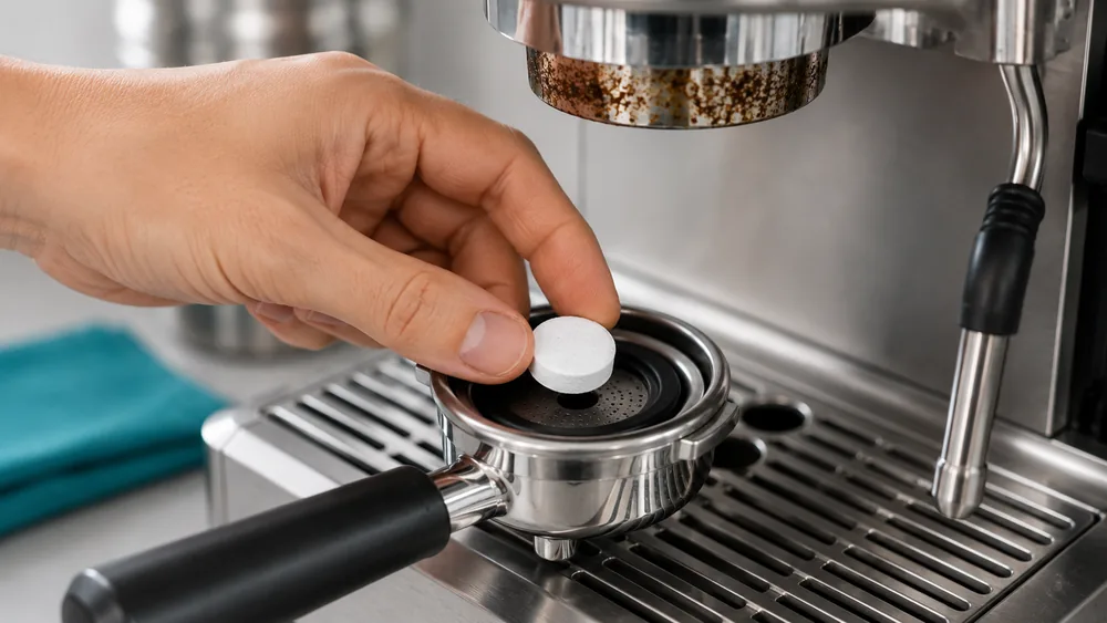 Placing a cleaning tablet into a backflush disc in a portafilter